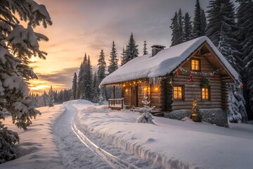 Cozy Christmas log cabin in a snowy winter wonderland