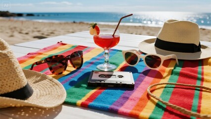 Colorful beach towel with three dark-framed glasses, a worn cassette tape,