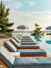 Fototapeta premium Sunlit Resort Poolside With Riviera Style Blue and White Striped Umbrellas and Scenic Water Views
