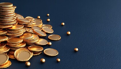 Golden coins stacked high, scattered gold orbs on dark navy background
