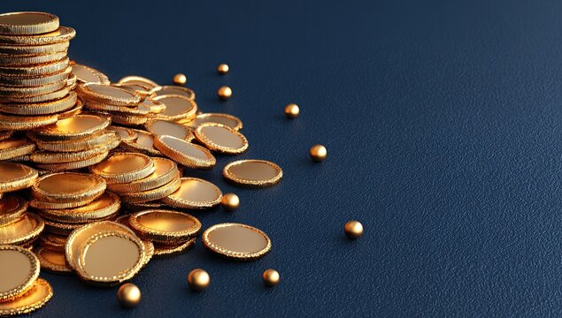 Golden coins stacked high, scattered gold orbs on dark navy background