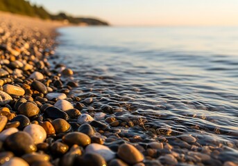 Obraz premium Closeup of wet pebbles on a beach shoreline with gentle waves at sunset