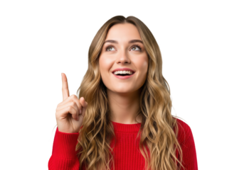 Happy woman with a sudden idea pointing up isolated on a transparent background

