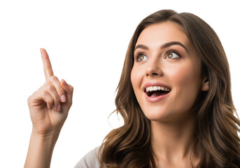 Happy woman with a sudden idea pointing up isolated on a transparent background

