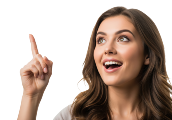 Happy woman with a sudden idea pointing up isolated on a transparent background

