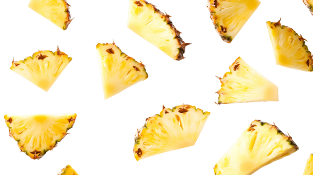 falling pineapple slices isolated on white background. PNG