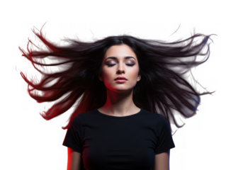 Woman with her hair flying in dramatic red and blue lighting