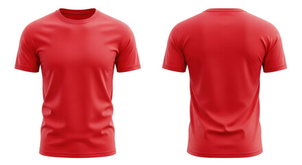 Plain bright red short-sleeve crew neck t-shirt, front and back views, smooth cotton fabric, crisp seams, isolated on transparent background with soft studio lighting and ample copy space, concept