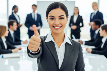 Confident Businesswoman Giving Thumbs Up at Meeting with Diverse Team