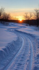 Obraz premium Serene Winter Sunset Over Snowy Fields Tranquil Landscape with Tire Tracks Leading to Horizon