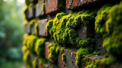Lush green moss growing on a weathered brick wall.