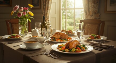 Prepared Meal on Dining Table with Roast Chicken and Garden View