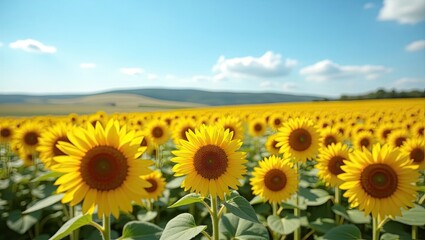 A vast expanse of sunflowers under a clear summer sky.