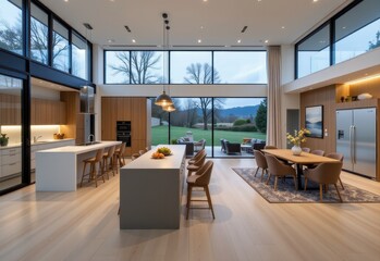 Fototapeta premium open plan layouts in modern homes encourage social gatherings by combining kitchen living and dining areas into one open space that promotes interaction while maintaining sleek minimalist aesthetics.