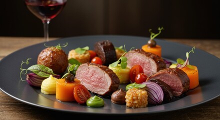 Elegant Plate of Gourmet Meat and Vegetable Dish with Wine