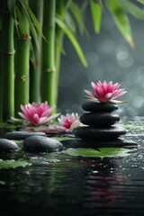 zen stones on a background of water and bamboo and lotus flowers. Generative AI,