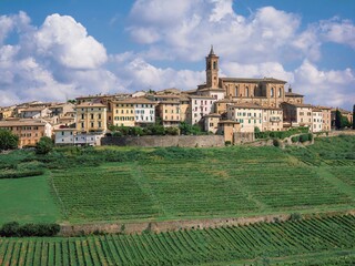 Scenic Italian Village Landscape With Vineyard under Blue Skies