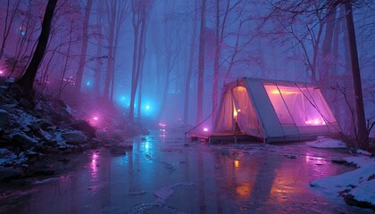 Misty winter forest campsite bathed in vibrant neon light