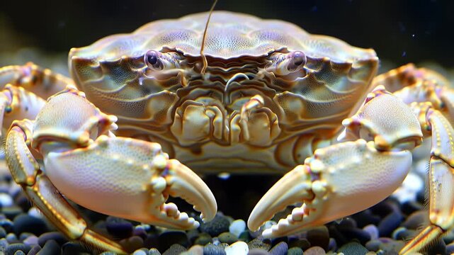 Close-up of a Light-Colored Marine Crab Resting on a Rocky Seabed or Aquarium Floor