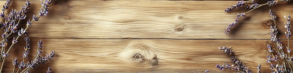 Natural oil mock on dry wood plank with lavender flowers and beige tones