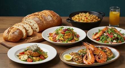 Assorted Food Dishes on Wooden Table with Bread and Juice