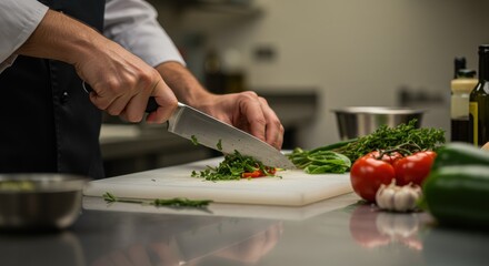 Chef Cutting Vegetables on Cutting Board in Commercial Kitchen