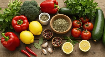 Fresh Vegetables and Herbs on Rustic Wooden Tabletop Ready for Cooking