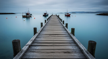 Obraz premium Pier and Boats in Calm Waters: A long, weathered pier stretches into a tranquil, misty bay, where three fishing boats float serenely under a cloudy sky. A symphony of serenity.