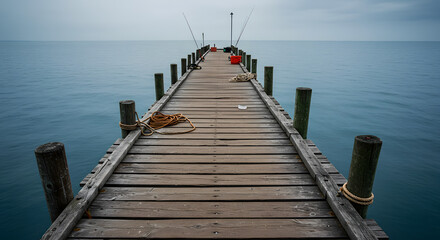 Fototapeta premium Pier Extending to the Horizon: An aging wooden pier stretches into the calm expanse of the sea under a tranquil, overcast sky. Evoking solitude and journey.