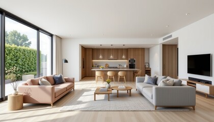 the open plan concept allows modern interiors to achieve spaciousness and flexibility by combining functional areas into one fluid space with natural light highlighting simple clean furniture.