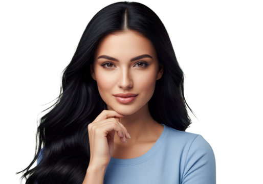 Confident woman with long dark hair isolated on a transparent background

