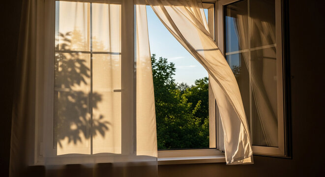 Open window with sheer curtains sunlight and tree shadows creating a peaceful indoor scene