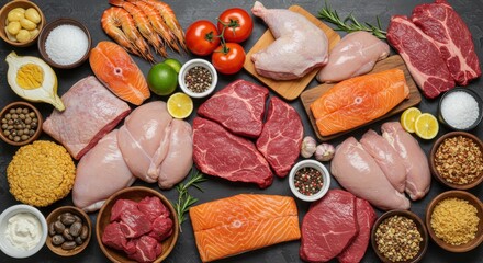 Variety of Raw Meat and Seafood Ready for Cooking Displayed on Dark Background