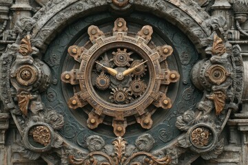 Ornate clock face, intricate gears and hands, detailed carvings, dark gray stone background