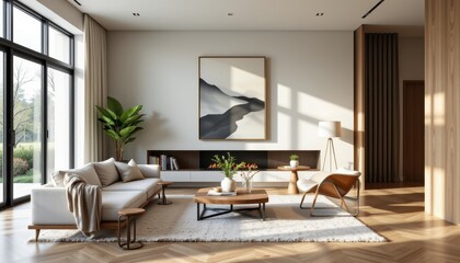 Fototapeta premium appropriate modern decor choices favor clean lines simple silhouettes neutral colors and natural materials that enhance spaciousness and light while maintaining a sleek minimalist aesthetic throughout