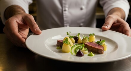 Chef Serving Gourmet Meat Dish with Potatoes and Vegetables