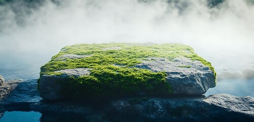 Natural product mock laying on mossy stone with mist and cold blue tones