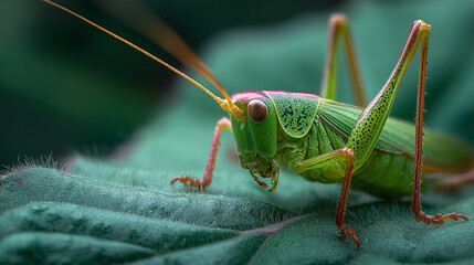 Fototapeta premium Green Grasshopper Close-Up on Leaf Detail Macro Photography Nature Creature Garden Pest Wildlife