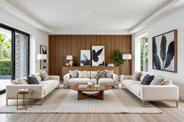 Fototapeta premium appropriate modern decor selection involves choosing understated furniture and accessories with clean lines neutral colors and natural textures that blend well into spacious open plan interiors.