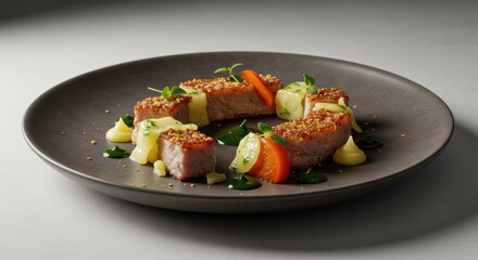 Plated Meat Dish with Colorful Vegetables and Sauces