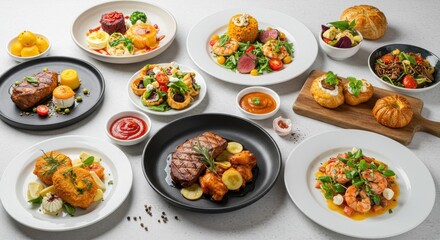 Assortment of Delicious Food Plates on White Background for Dining Concepts