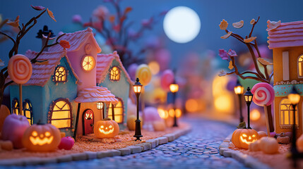 Whimsical Halloween Villag at Night