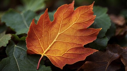 Autumn Leaf: A single, fiery-colored leaf rests gracefully upon a bed of verdant foliage, evoking the essence of fall and the beauty of nature's transient artistry.