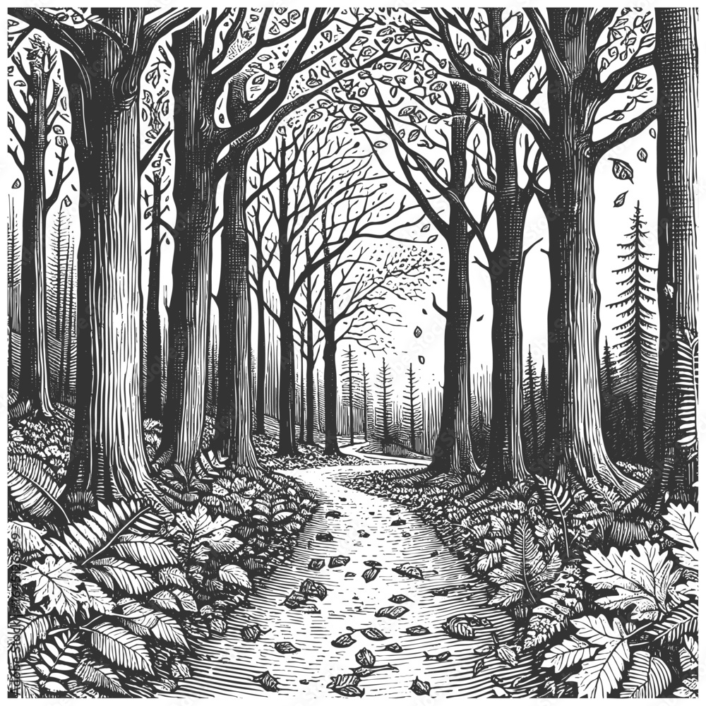 Poster winding path through a dense forest with tall trees, ferns, and scattered leaves on the ground sketc