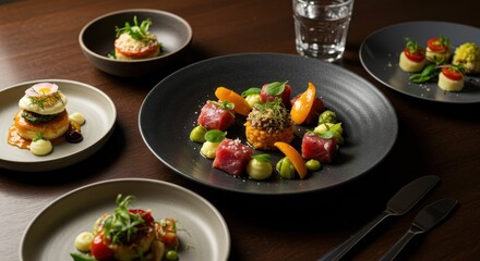 Gourmet Food Presentation Assortment on Plates
