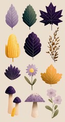 Autumnal botanical illustrations of leaves, flowers, corn, and mushrooms
