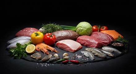 Assorted Meats and Seafood with Vegetables on Slate Platter