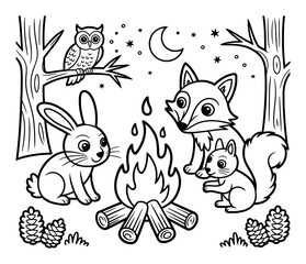 Woodland creatures gather around a campfire under the night sky rabbit squirrel
