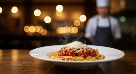 Serving Hot Pasta Dish with Sauce and Cheese in Restaurant Setting