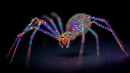 Fototapeta premium Close-up of a Vibrant and Colorful Spider with Iridescent Legs on Black Background, Arachnid Macro